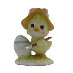 Vintage Lefton China Easter Girl Chick Hat Easter Egg Paint Brush Small Figurine